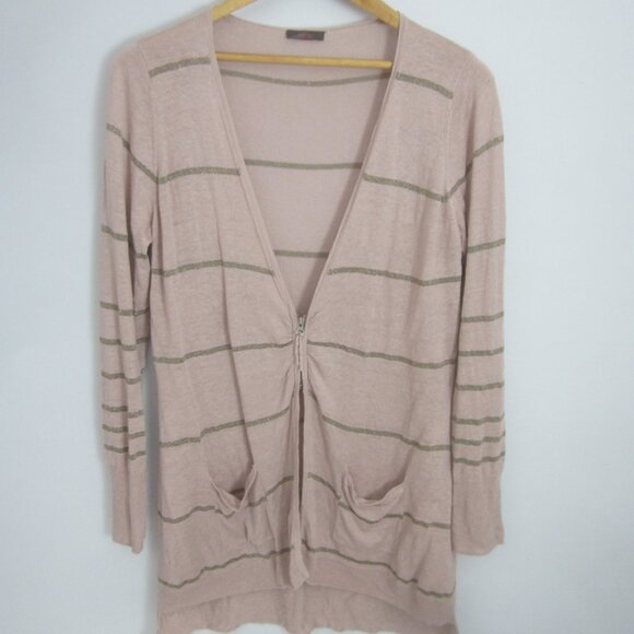 Wrap Womens 10 Mauve Pink Gold Metallic Stripe Linen LS Cardigan Sweater M - Picture 5 of 13